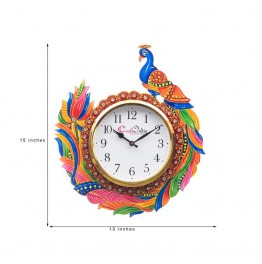 Peacock Analog Wall Clock (Red & Green, With Glass)